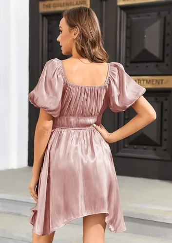Vista 3 de Bigyonger Vestidos de verano para mujer, manga abombada, cuello cuadrado, hombros descubiertos, fluidos, escalonados, estilo bohemio, casual, mini