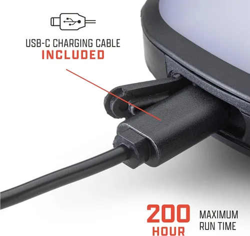 Vista 4 de AMPEX Luz de camping recargable de 300 lúmenes luz blanca con modo rojo - Interruptor de bloqueo - 200 horas de tiempo de funcionamiento con carga