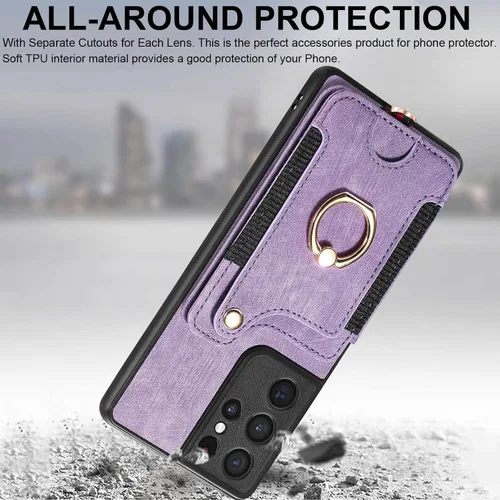 Vista 7 de Funda para Samsung S21 Ultra con tarjetero y soporte de anillo, bloqueo RFID, correa de muñeca, protector de cámara, cierre magnético de cuero