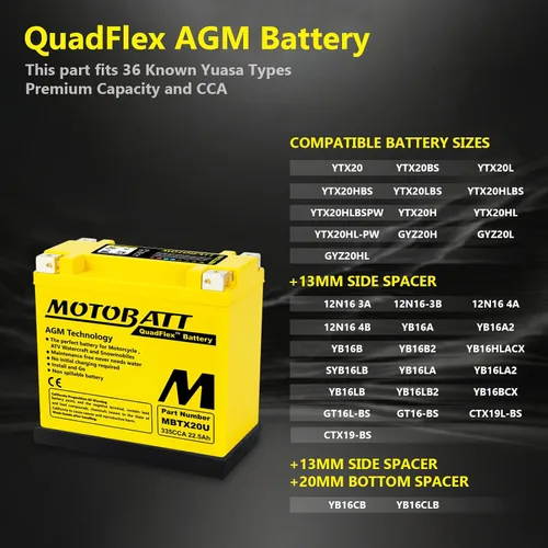 Vista 6 de MotoBatt MBTX20U (12V 21 Amp) 280CCA Batería activada de fábrica, no necesita mantenimiento, QuadFlex AGM