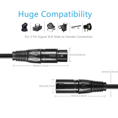 Vista 6 de Cable DMX de 6 pies, cable DMX chapado en oro de 3 pines XLR macho a hembra, lo mejor para iluminación de escenario de DJ, luces de cabeza móvil