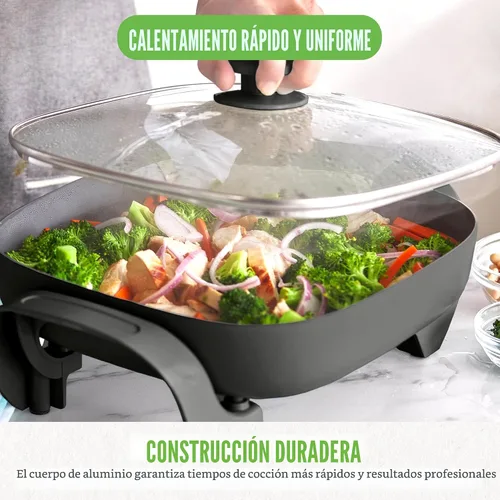 Vista 6 de GreenLife - Sartén eléctrica cuadrada de 12" 5QT, tapa de vidrio con ventilación, interior antiadherente de cerámica libre de PFAS, control