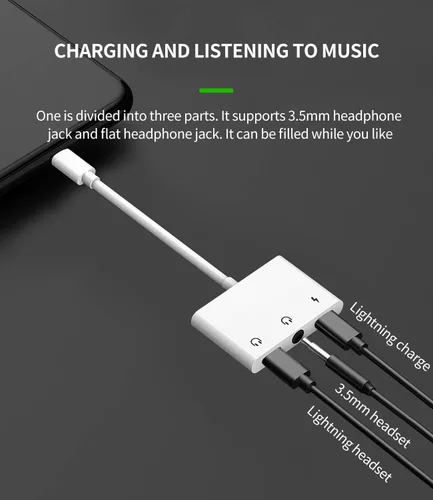 Vista 2 de Adaptador de auriculares Lightning a conector de audio AUX de 0.138 in y extensor de cargador Dongle auricular divisor compatible con iPhone 11 12