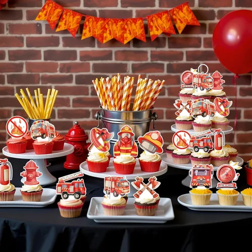 Vista 2 de 48 piezas de decoraciones de cumpleaños para camiones de bomberos, decoración de cumpleaños de bomberos, decoración de cupcakes para camiones