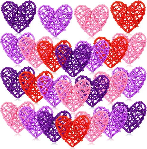 Vista 9 de 24 bolas de ratán en forma de corazón de San Valentín de 2.36 pulgadas, rellenos de tazones de jarrón de corazón, decoración de ratán de mimbre
