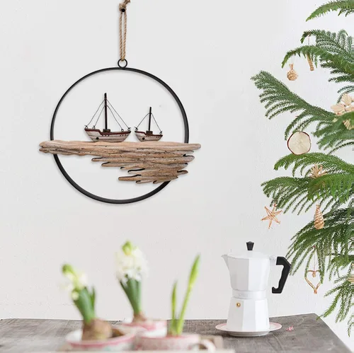 Vista 3 de Decoración de pared de madera náutica, círculo colgante de madera rústica Velero