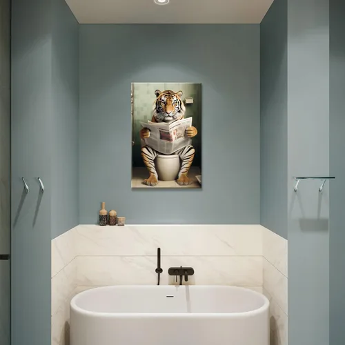 Vista 33 de GLOKAKA Lienzo decorativo para baño, diseño divertido de alpaca sentado en el inodoro, leyendo periódico, arte de pared, humor, granja, animal, arte