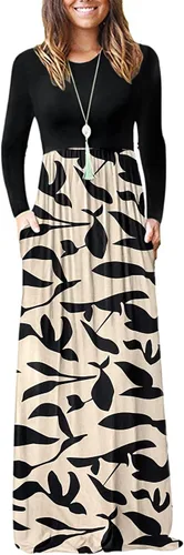 Vista 6 de Vestido de manga larga para mujer, holgado, liso, largo, estilo informal, con bolsillos. 01-verde militar