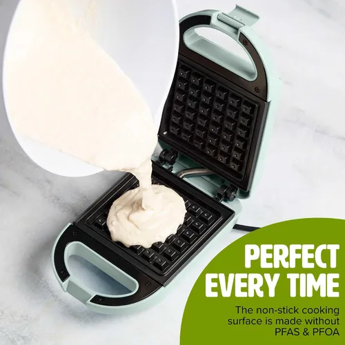 Vista 4 de Tasty Mini - Gofrera antiadherente, perfecta para gofres individuales, hash browns, brownies y más, resultados rápidos, fácil de limpiar, 600W, Agua