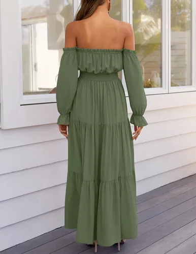 Vista 75 de ZESICA - Vestido largo, bohemio y sexy, con hombros descubiertos y manga larga fruncida, con elástico fruncido, cintura alta y abertura lateral