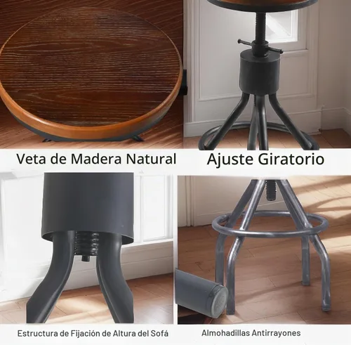 Vista 3 de Juego de 2 taburetes de bar industriales, taburete giratorio de altura ajustable con asiento de madera maciza, silla de bar con marco de hierro