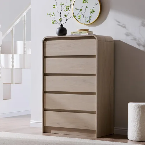 Vista 9 de Aitjunz - Cómoda moderna de 5 cajones para dormitorio, 45 pulgadas de alto, diseño de perfil curvo, cómoda vertical de madera estilo Mid-Century