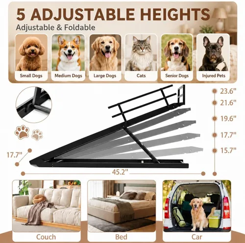 Vista 3 de Slsy Rampa para perros para cama, rampa ajustable para mascotas para perros Negro