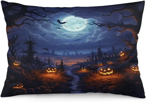 Vista 32 de Fundas de almohada frescas de casa embrujada, castillo, luna, bosque medieval, calabaza, fundas de almohada rectangulares con cremallera invisible