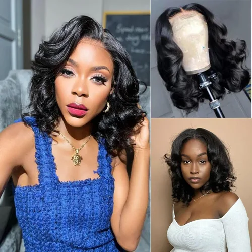 Vista 2 de Peluca de Cabello Humano con Corte Pixie Bob Sin Pegamento Pre Desplumada Pre Cortada Húmeda y Ondulada Pelucas de Encaje Frontal para Mujeres