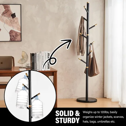 Vista 6 de Perchero negro independiente de madera maciza - Moderno árbol de madera independiente resistente con 7 ganchos creativo de aspecto de rama de árbol