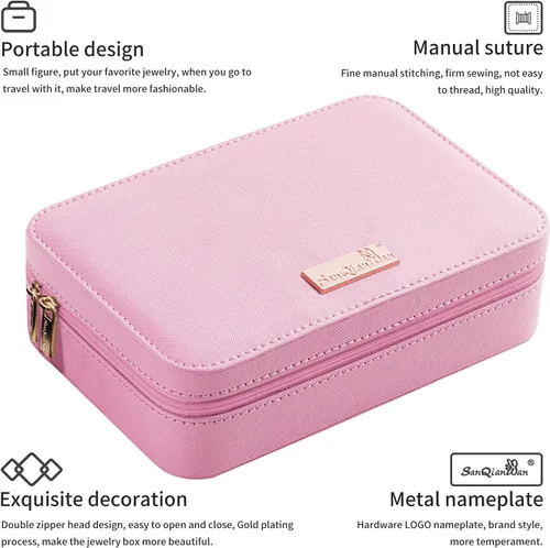Vista 2 de SANQIANWAN Pequeña caja organizadora de viaje de joyería con estuche portátil de piel sintética para collares anillos aretes regalos para novia