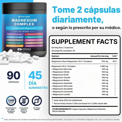 Vista 2 de Vita Guard Magnesium Complex 1480mg – 10-in-1 with Glycinate, Citrate, Malate & More – High Absorption – Sleep, Muscle, Nerve & Heart Support – 90