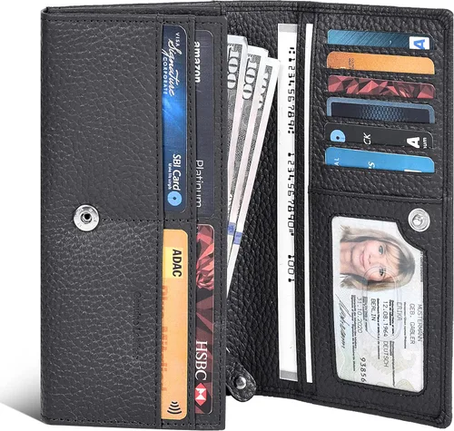 Vista 6 de Billeteras de cuero para mujer - Cartera con bloqueo RFID con 10 ranuras para tarjetas de crédito, Negro -, Nm 08