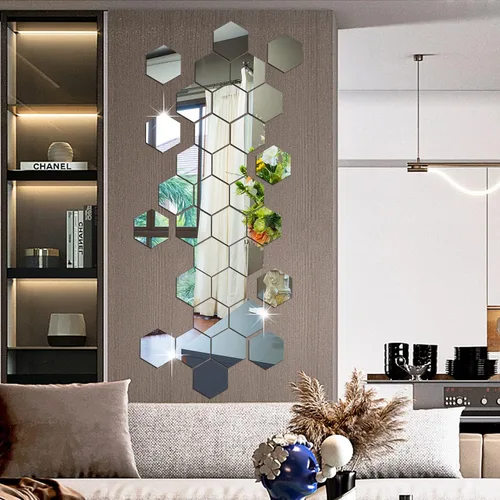 Vista 6 de 36 calcomanías de pared de espejo acrílico extraíbles, calcomanías de pared hexagonales plateadas, calcomanías de pared autoadhesivas 3D, azulejos