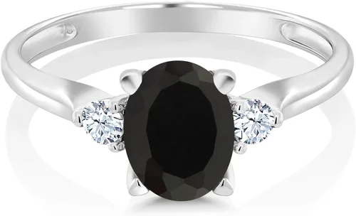 Vista 2 de Gem Stone King Anillo de compromiso de 3 piedras de oro blanco de 10 quilates con ónix negro y zafiro blanco para mujer