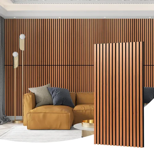 Vista 5 de AMZDEPOT Panel de pared de listones de madera, paquete de 4 paneles de madera para pared, paneles de pared insonorizados 3D, paneles acústicos