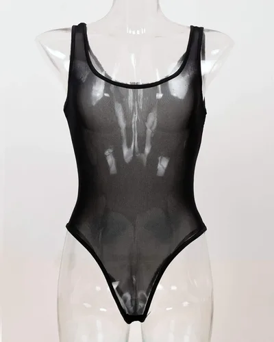 Vista 3 de Ypser Enterizo transparente para mujer, sin mangas, lencería de una pieza, malla transparente