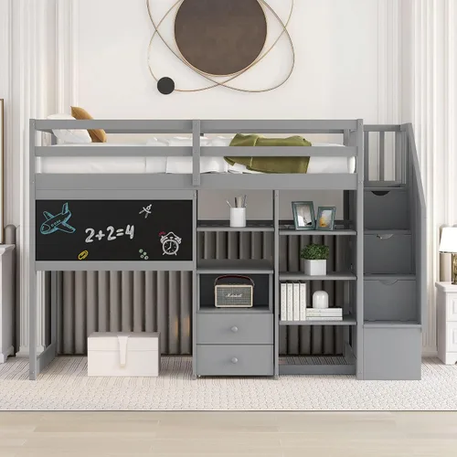 Vista 35 de Cama loft multifuncional de tamaño matrimonial con escritorio integrado, 6 cajones de almacenamiento y estante, marco de cama de madera con escalera