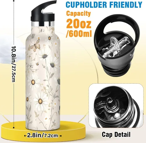 Vista 2 de Sport Insulated Water Bottle with Leak Proof Spout Lid Vacuum Insulated BPA-Free Leak Proof for Travel, Camping, Sports, Rustic Daisy Beige