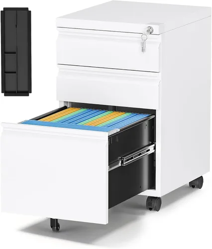 Vista 11 de Archivador de metal con 2 cajones con cerradura, gabinete archivador con soporte para impresora móvil y estantes para archivos de tamaño Negro