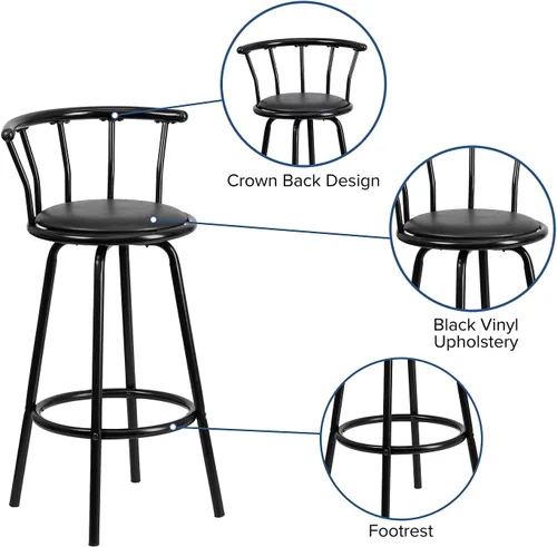 Vista 7 de Flash Furniture Taburete de bar Charla Crown Back de metal negro con asiento giratorio de vinilo negro