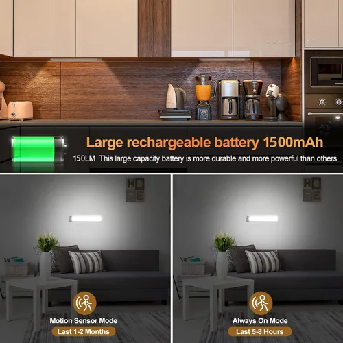 Vista 4 de Luces de armario con sensor de movimiento, 30 luces LED para debajo del gabinete, luces de mostrador recargables inalámbricas, iluminación nocturna