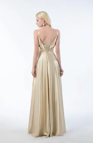 Vista 2 de Vestido de dama de honor de satén con cuello en V para mujer, largo, plisado, vestido formal con abertura