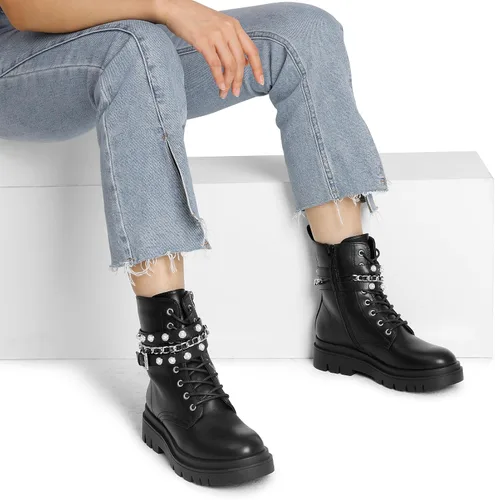 Vista 7 de DREAM PAIRS Botas de combate de plataforma de moda para mujer, con cordones, suela gótica, botines al tobillo