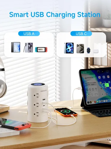 Vista 5 de Regleta de alimentación de torre con 1 puerto dedicado de carga rápida PD 20W, 12 tomas, 5 puertos USB (3 USB-C), protector de 1800J, estación