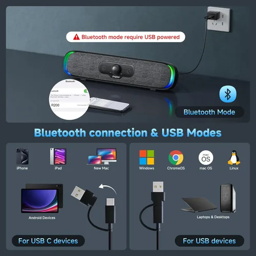 Vista 10 de SOULION R200 Altavoces Bluetooth para Computadora, Altavoces Compactos para PC, Altavoz de Escritorio USB C/USB Plug & Play con Luces LED Coloridas