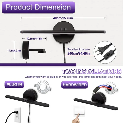 Vista 4 de Lámparas de baño con enchufe de 15.75 pulgadas, modernas luces negras de tocador sobre el espejo, luz cálida de 3000 K, no regulable, luz de imagen