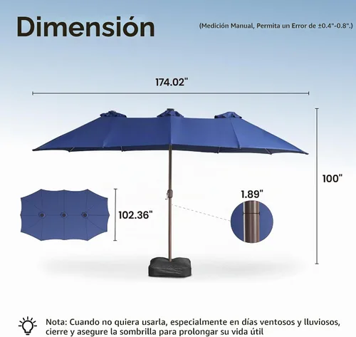 Vista 3 de ovios Sombrilla grande de patio de 15 pies con base y luces solares, paraguas rectangular de doble cara para exteriores con 38 luces RGB, paraguas