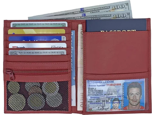 Vista 4 de Cartera de pasaporte de cuero genuino RFID, Rojo -, Cartera Rfid