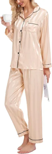Vista 3 de SWOMOG - Pijama de satén de seda para mujer, conjunto de dos piezas con botones, ropa de dormir