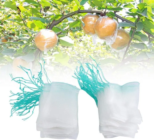 Vista 5 de Bolsas de nailon para protección de frutas, paquete de 100 unidades, fundas de malla reutilizables con cordón para árboles de jardín, tomates