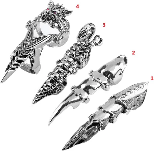Vista 2 de Jovivi - Anillo de fantasía para hombre, diseño de nudillos de armadura plateada, doble lazo, punk, rock, gótico, genial, 1-4 piezas