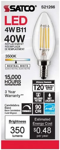 Vista 4 de Satco 6Pk 4w B11 LED 3500K Candelabro Base regulable - 40W equiv