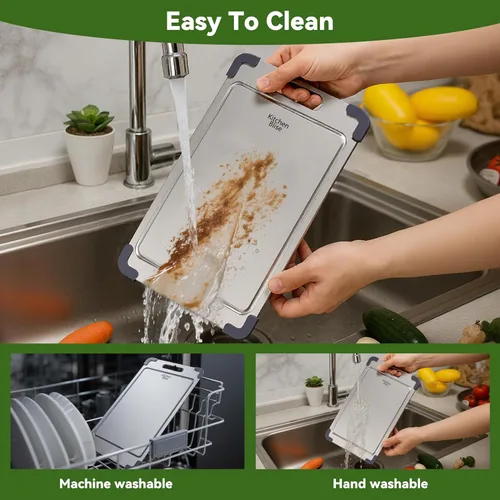 Vista 12 de Tabla de cortar de acero inoxidable, tabla de cortar de acero apto para alimentos de doble cara para cocina con 2 raspadores de limpieza, tabla