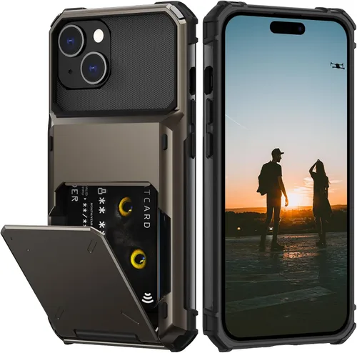 Vista 9 de Nvollnoe Compatible con iPhone 15 Funda con ranura para tarjetas, resistente, protectora de doble capa, a prueba de golpes, ranura oculta