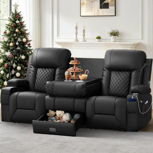 Vista 20 de YONISEE Juego de muebles de sala de estar, sofá biplaza reclinable de 2 plazas y silla reclinable giratoria de 360° con masaje, sofá reclinable