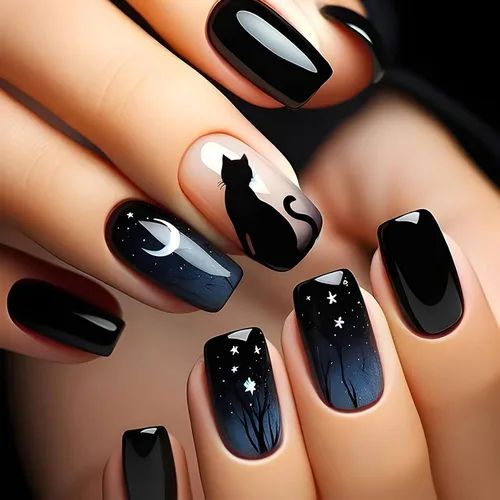 Vista 7 de Uñas postizas a presión para Halloween, cuadradas, cortas, con diseños de bosque lunar, uñas postizas con pegamento oscuro brillante en las uñas