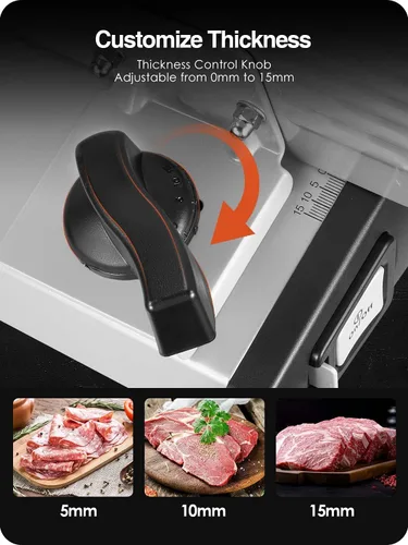 Vista 2 de Cortador de carne eléctrico de delicatessen Ostba, rebanador de alimentos de 200W con grosor ajustable de 0-15mm, hoja extraíble de acero inoxidable