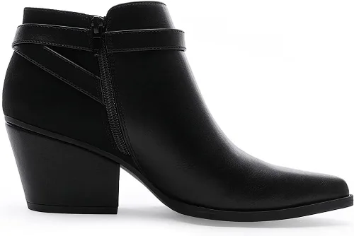 Vista 2 de CentroPoint Botines de cuero con tacón de bloque para mujer, puntera puntiaguda, con cremallera lateral