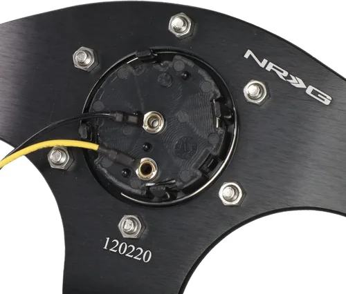 Vista 6 de NRG Innovations NRG-RST-024MB-R-Y Volante Reforzado - 12.598 in Deportivo Parte Inferior Plana de Cuero con Marca Central Amarilla